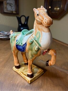 Vintage Tang-Style Glazed Ceramic Horse Figurine 7.75"-tall Colorful Glaze